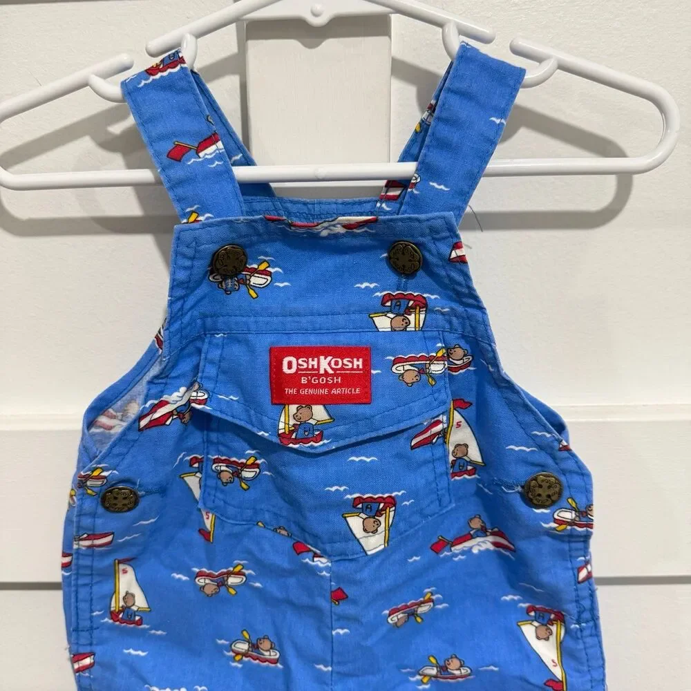 Vintage OshKosh B'gosh Blue Sailboat Nautical Teddy Bears Bib Overalls
